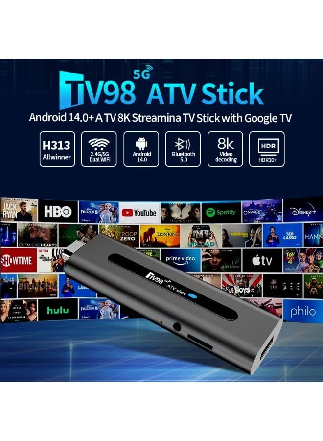 تلفزيون جهاز استقبال تلفزيوني ذكي TV98 ATV بنظام أندرويد 14، يدعم دقة 8K، وترددات 2.4 جيجاهرتز و5 جيجاهرتز، وواي فاي مزدوج، وبلوتوث 5.0، وتقنية HDR10، وجهاز تحكم عن بعد صوتي، ومشغل وسائط Globe H313، وذاكرة 2 جيجابايت + 16 جيجابايت. - Image 5